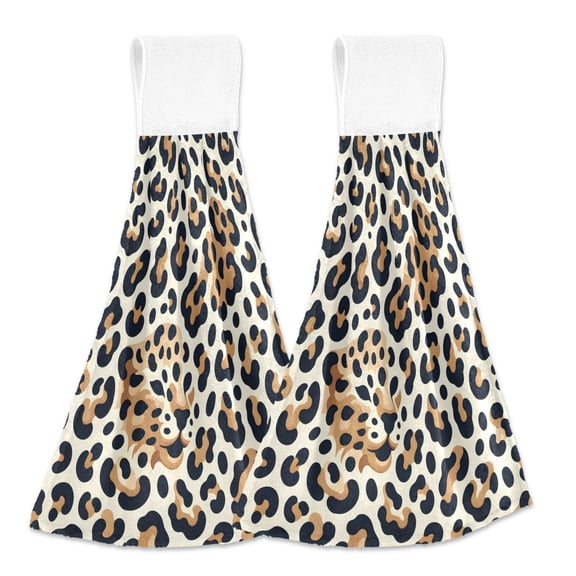 2 Pcs Leopard Face and Leopard Spot Kitchen Hand Towels with Hanging Loops Absorbent Soft Fast Drying Decor Bath Towels