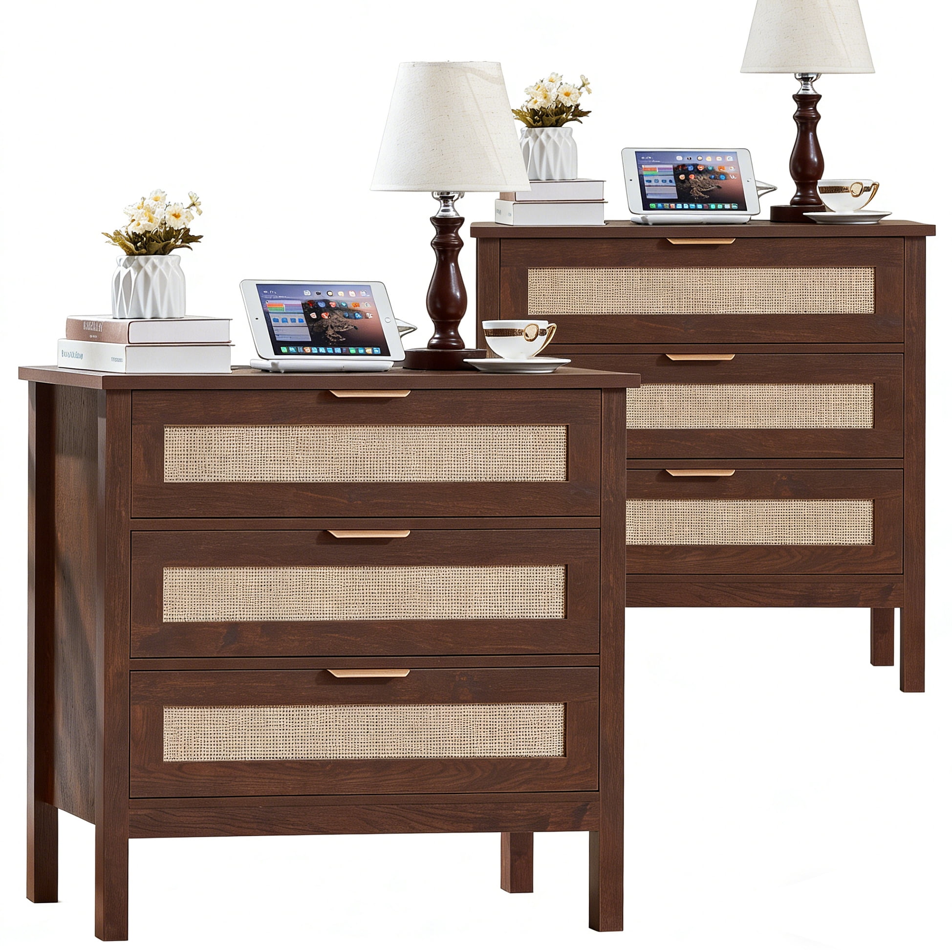 2 Pcs Leyaoyao 3-Drawer Storage Nightstand with Charging Station, 31.5" Wide Rattan Bedside Table, Boho Storage Cabinet with Shelf for Bedroom, Living Room, Walnut