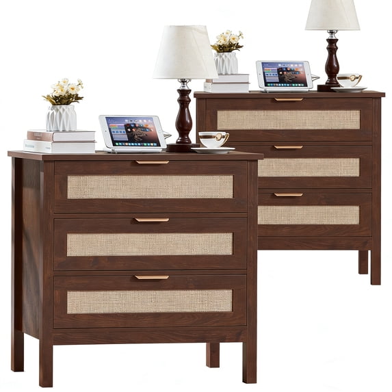 2 Pcs Leyaoyao 3-Drawer Storage Nightstand with Charging Station, 31.5" Wide Rattan Bedside Table, Boho Storage Cabinet with Shelf for Bedroom, Living Room, Walnut