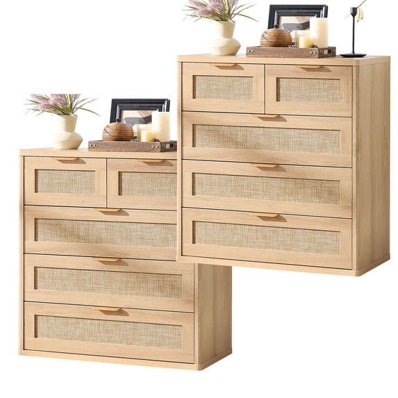 2 Pcs Leyaoyao 5 Drawer Dresser for Bedroom, Boho Wood Storage Cabinet with Embedded Handle, Vertical Chest of Drawers for Living Room, Hallway, Guest Room