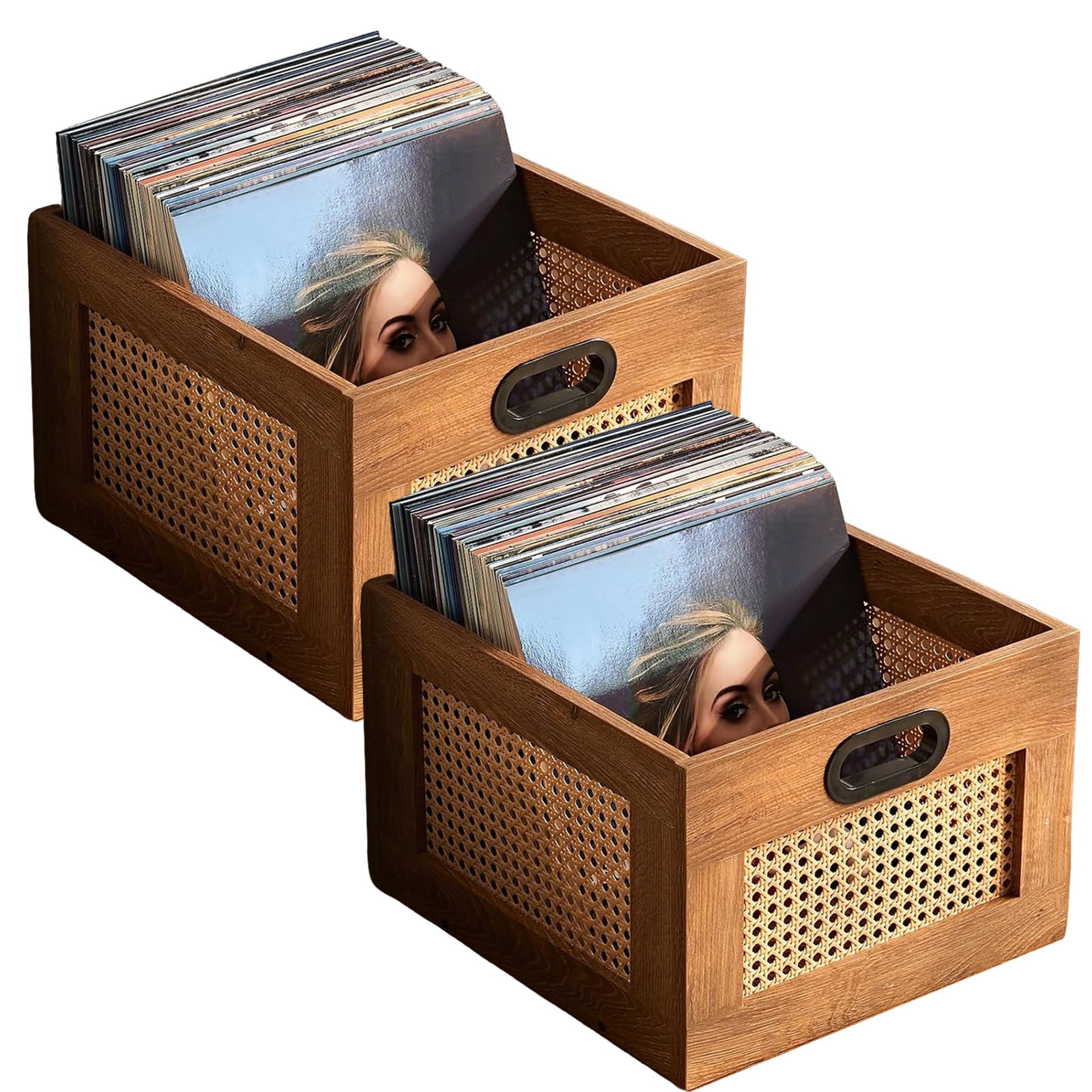 2 Pcs Leyaoyao Vinyl Record Storage Crate with Handle, Rattan Wood LP ...
