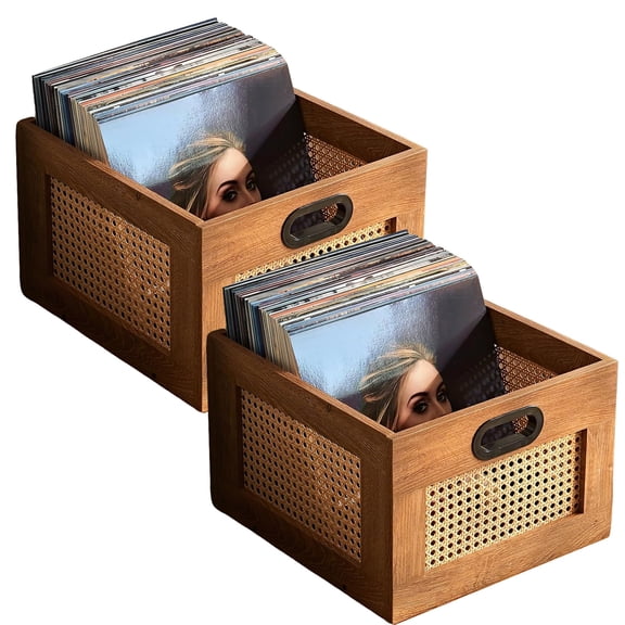 2 Pcs Leyaoyao Vinyl Record Storage Crate with Handle, Rattan Wood LP Holder Holds Up to 75 Records, Desktop Album Storage, Tea Brown