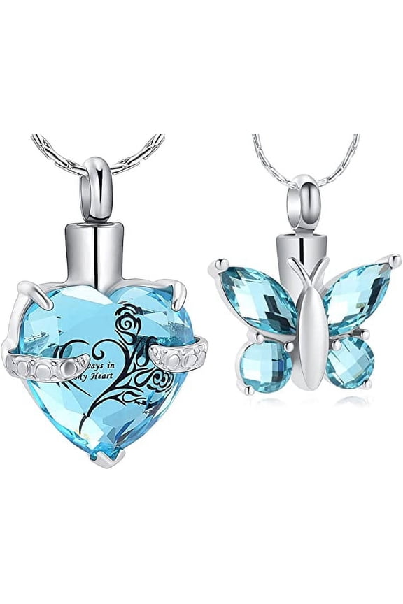 2 Pcs Light Blue Crystal Stainless Steel Heart & Butterfly Pendant Memorial Urn Necklace Women Keepsake Gift Cremation Jewelry for Ashes