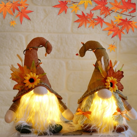 2 Pcs Lighted Thanksgiving Gnome Decorations, 8.6" Sunflower Maple Leaf Plush Gnome with LED Light, Light Up Swedish Tomte Gnome Elf Doll for Fall Autumn Harvest Party Farmhouse Home Table Decor