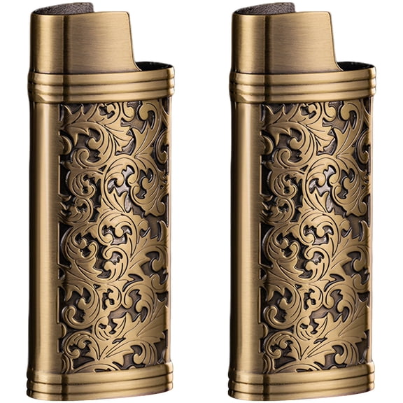 2 Pcs Lighter Case Compatible with B1C, Vintage Metal Lighter Cover with Arabesque Engraving, Zinc Alloy Reusable Case Compatible, Bronze Brushed Retro Sleeve