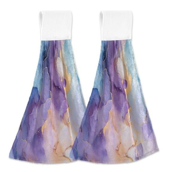 2 Pcs Lilac Blue Marble Kitchen Hand Towels with Hanging Loops Absorbent Soft Fast Drying Decor Bath Towels