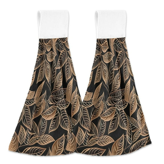 2 Pcs Line Copper Leaves Kitchen Hand Towels with Hanging Loops Absorbent Soft Fast Drying Decor Bath Towels