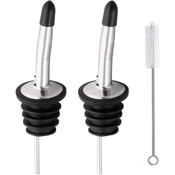 2 Pcs Liquor Pour Spouts, Stainless Steel Liquor Bottle Pourers with Rubber Dust Caps & Cleaning Brush,for Pours Liquid, Olive Oil, Wine(Silver)