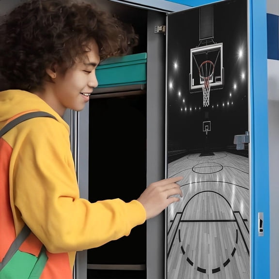 2 Pcs Locker Magnetic Wallpaper Basketball Court Black White Sports Stadium Lights 12" x 36" Wall Magnetic Sticker Removable Locker Accessories Decor Easy Install for Office School
