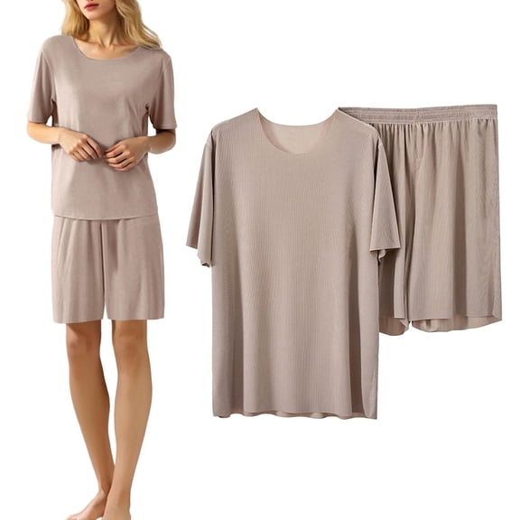 2 Pcs Lounge Sets for Women Ice Silk Summer Short Sleeve & Short Pants Pajama (Khaki XXXXXS)