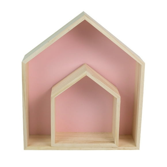 2 Pcs Lovely Wooden House-Shaped Storage Rack Kids Room Decoration Floating Wall