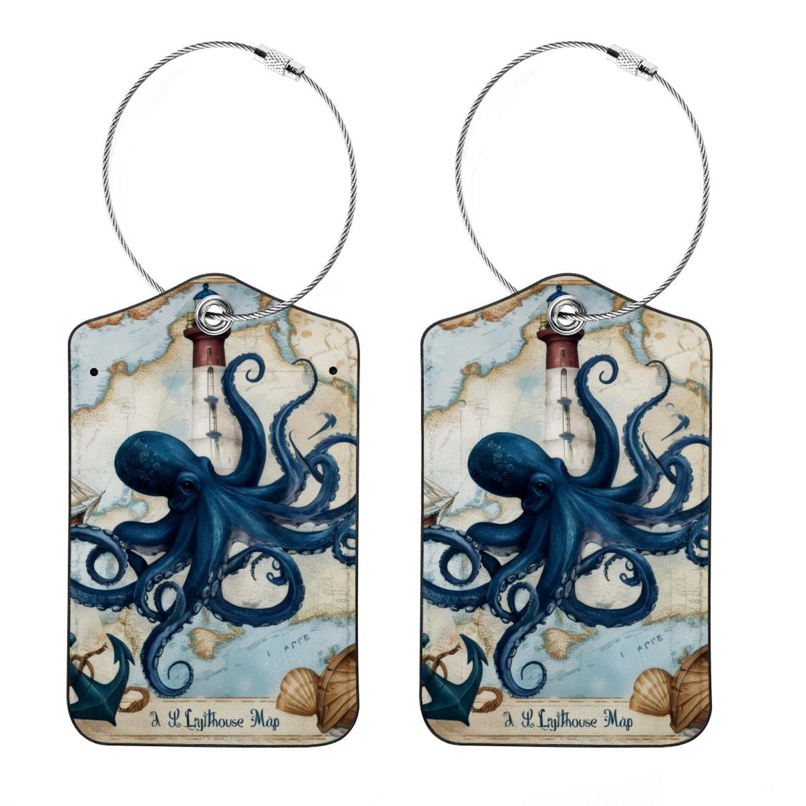 2 Pcs Luggage Tags, Blue Octopus, Privacy Cover ID Label with Stainless ...