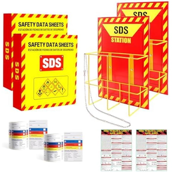 2 Pcs MSDS SDS Binder and Wall Station,Yellow Heavy Duty 3 Inch Material Safety Data Sheet 3 Ring Binder with SDS Wire Rack and Display Sign, Chain,Mounting Hardware,Safety Posters,MSDS Labels