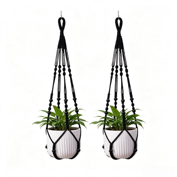 2 Pcs Macrame Plant Hangers Indoor, 35 Inch Boho Hanging Plant Holder with Wooden Beads, Hand Woven Flower Pot Basket for Home Decor, Pots Not Included,Black