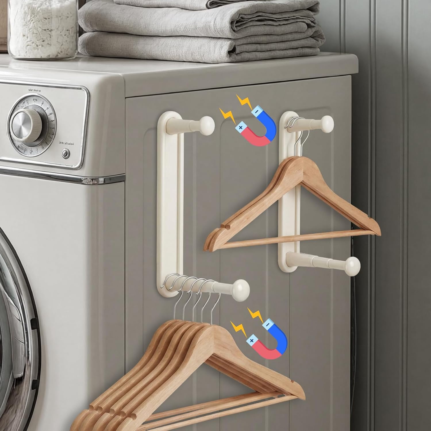 2 Pcs Magnetic Hanger Holder for Laundry Room Washing Machine Extendable Double-layer Magnetic Clothes Hangers Organizer Stacker Storage Non-punching Closet Laundry Room Organization
