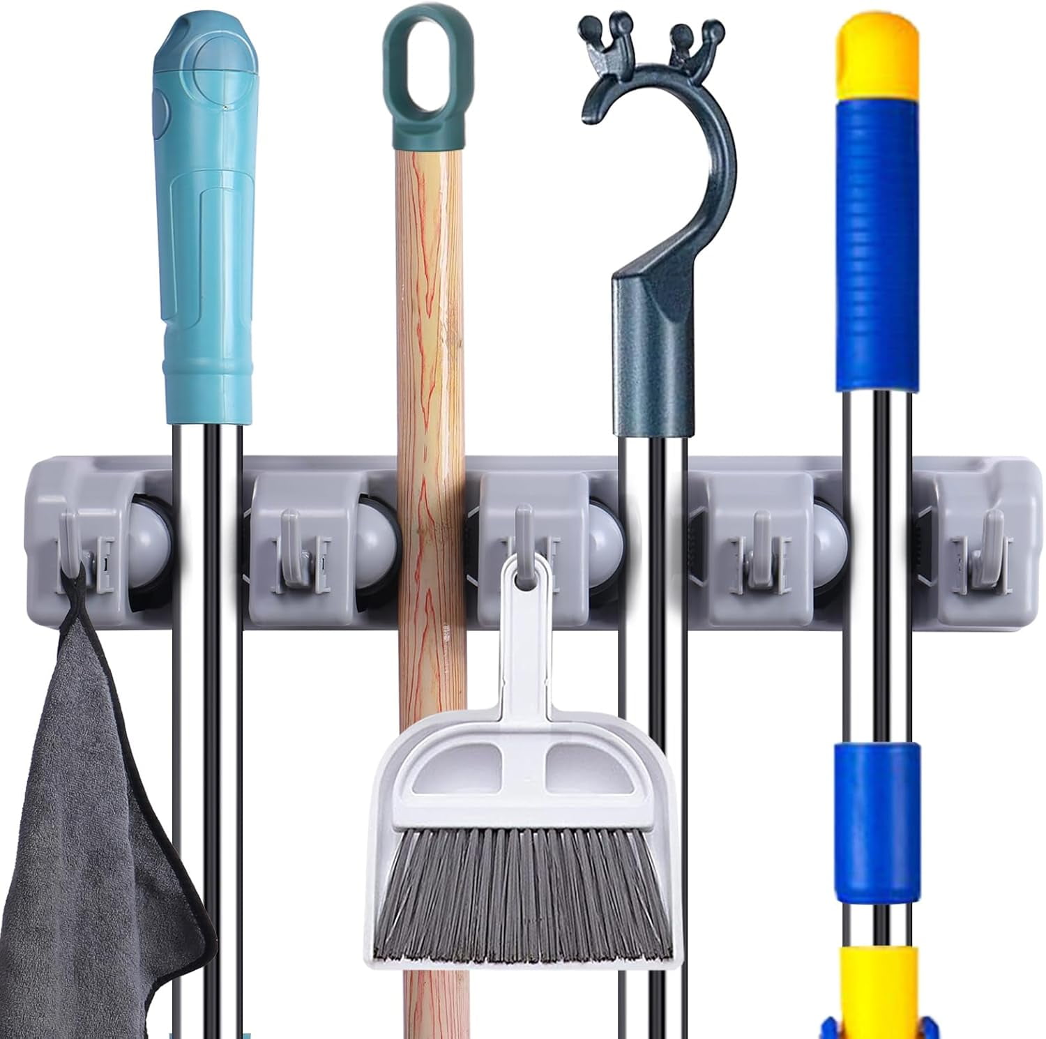 2 Pcs Magnetic Mop Broom Holder Movable Rack, Anti Slip Wall Mounted Utility for Cleaning Tools, Garage, Kitchen, Laundry, Garden (Black)