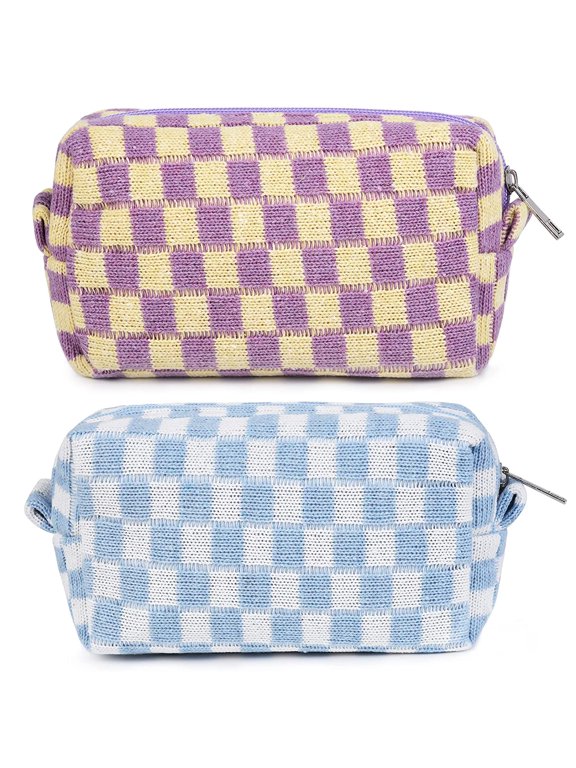 2 Pcs Makeup Bags, Checkered Cosmetic Bag for Women, Purple and Blue