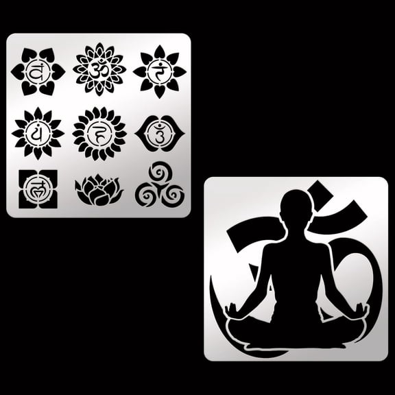 2 Pcs Mandala Metal Stencils 6.14 inch Square Metal Stencil Stainless Steel Mandala Om Symbols Scrapbooking Drawing Stencils for Engraving Pyrography Journal