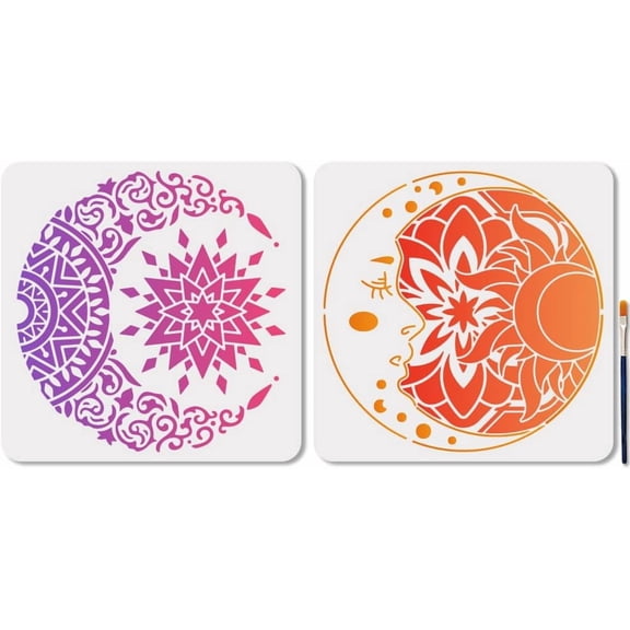 2 Pcs Mandala Sun and Moon Stencils Reusable Flower Star Planet Stencils for Painting 11.8x11.8 Inches Drawing Templates with Paint Brush