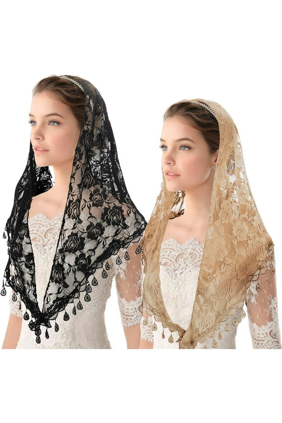 2 Pcs Mass Veil Triangle Mantilla Cathedral Head Covering Chapel Veil Lace Shawl Latin Scarf Latin Mass Head Covering Veils (Black, Khaki)