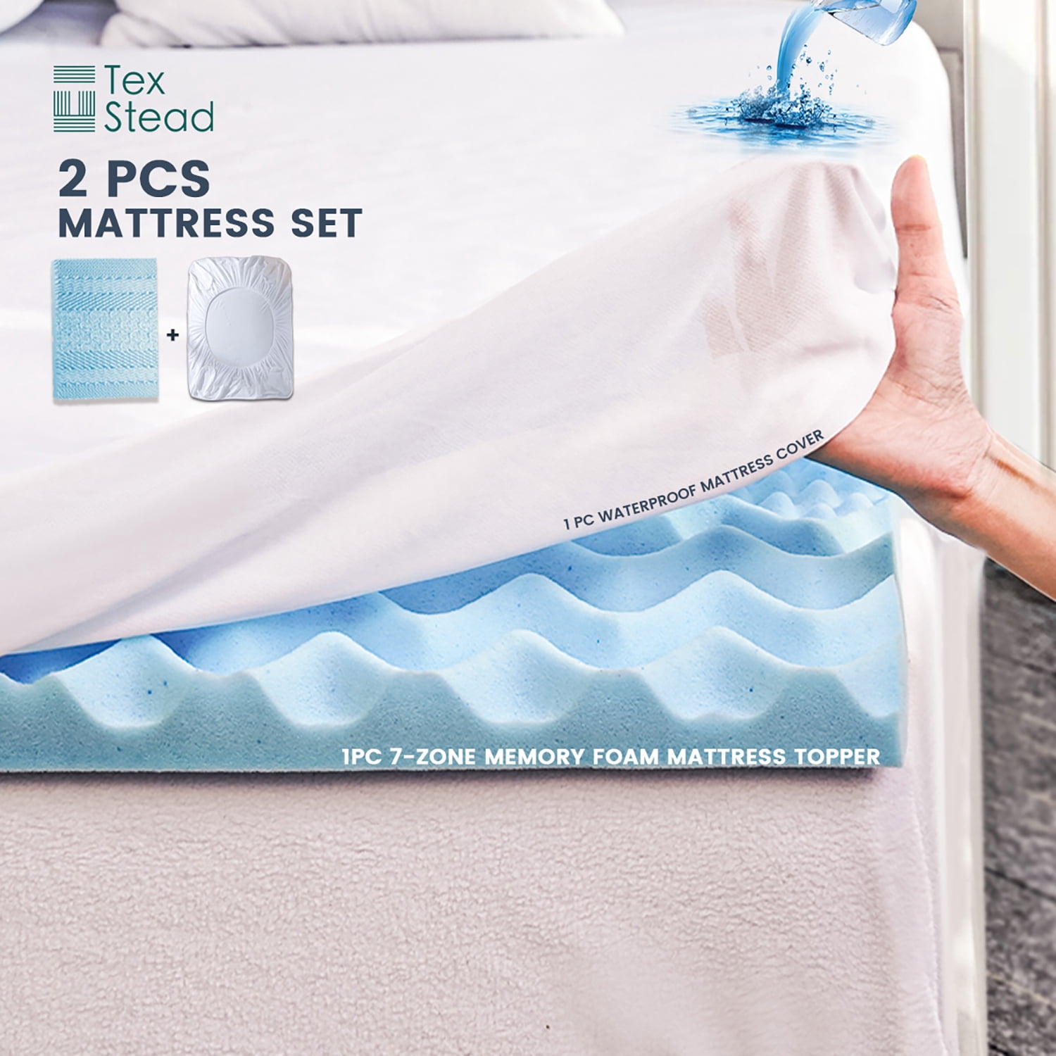 2 Pcs Mattress Topper Set (1 Pc 7-Zone Memory Foam Mattress Topper+ 1 ...