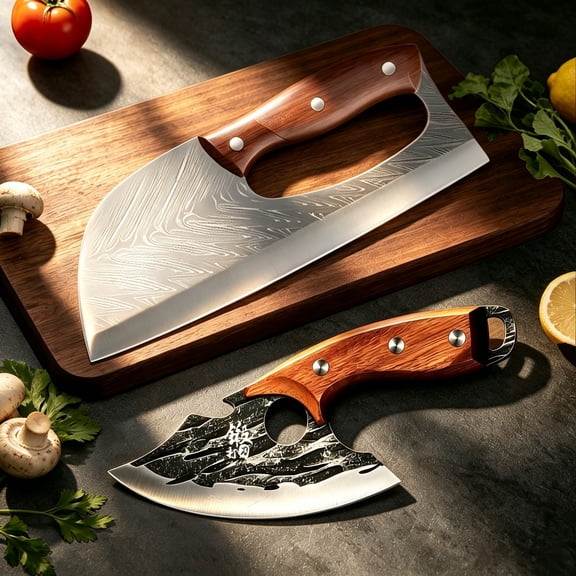 2 Pcs Meat Cleaver Knife Set, Plys Carbon Steel Chopping for Cutting Meat Vegetable, Viking Knife for Boning, Effort Saving Handle