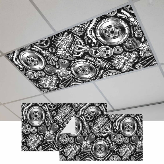 2 Pcs Mechanical Structure Fluorescent Light Covers Modern Industrial Black and White Metal Mechanical Parts Magnetic Light Covers for Ceiling Lights 4 x 2 ft Drop Ceiling Lights Cover Shade for Home