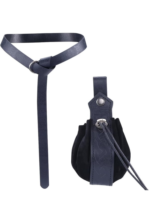 2 Pcs Medieval Belt Pouch Retro Black Leather O Ring Belt with Knot Embossed Portable Drawstring Purse Renaissance Dice Bag Set