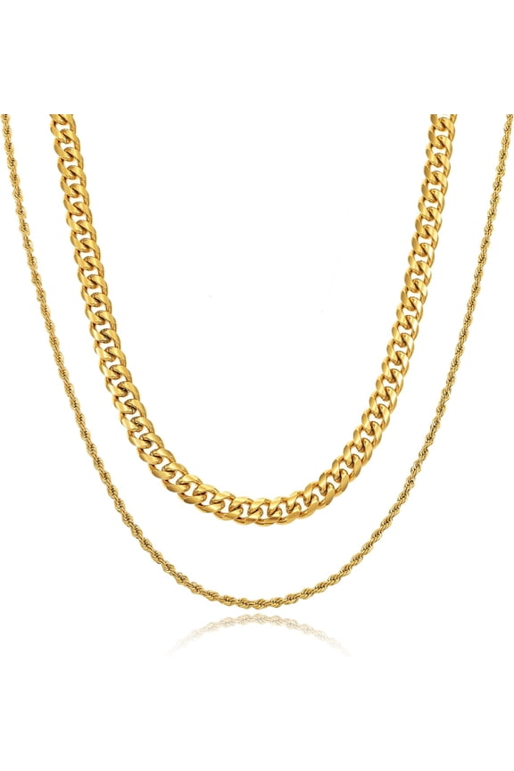 2 Pcs Men Chunky Miami Cuban Chain Necklace,Gold Silver Men Stainless Steel Cuban Link Chain Rope Chain for Men Jewelry Gifts 18-24 Inches