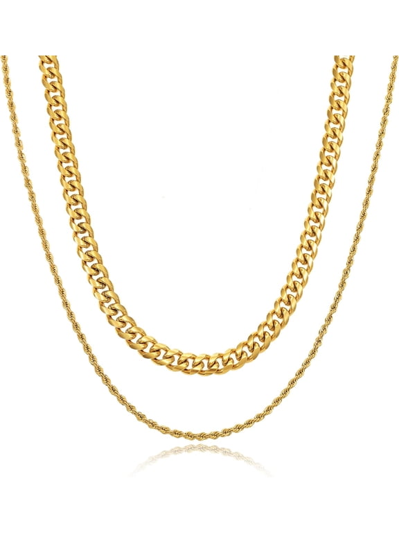 2 Pcs Men Chunky Miami Cuban Chain Necklace,Gold Silver Men Stainless Steel Cuban Link Chain Rope Chain for Men Jewelry Gifts 18-24 Inches