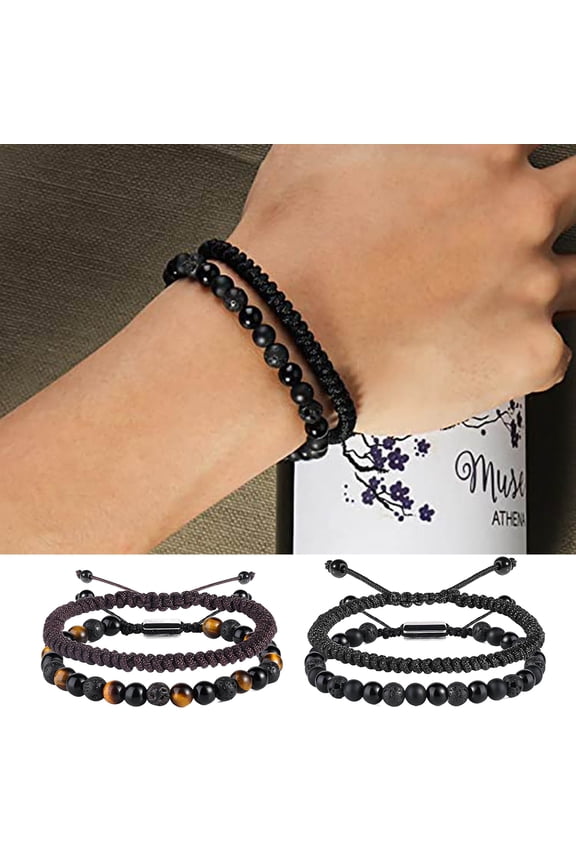 2 Pcs Men's Handwoven Bracelets Black Gemstone Matte Agate Stone Healing Spiritual Beaded Bracelet for Men or Women Gift Idea for Men
