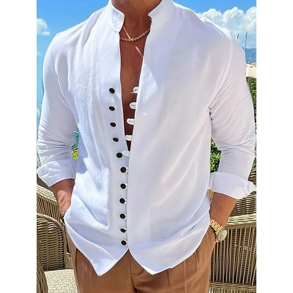 2 Pcs Men's Linen Shirts Solid Color Long Sleeve Casual Shirts Button Down Shirt for Men Beach Summer Wedding Shirt White XXL