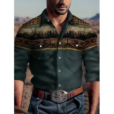 2 Pcs Men's Western Shirt Long Sleeve Embroidered Cowboy Casual Snap Button Shirt Green L