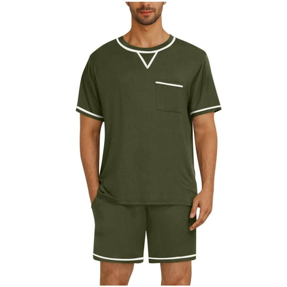 2 Pcs Mens Summer Loungewear Sets Ultra Soft Athletic Stretch Pajama Top Striped Basic Nightdress Loose Fit Textured Shorts Light Breathable Quick Dry Sleepwear Nightdress Set Suits