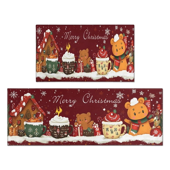 2 Pcs Merry Christmas Kitchen Rugs and Mats Set of 2 Gingerbread Man Snowflake Christmas Tree Kitchen Mats for Floor Absobent Kitchen Floor Matfor Cook Home Decor (47x17+30x17 inches)
