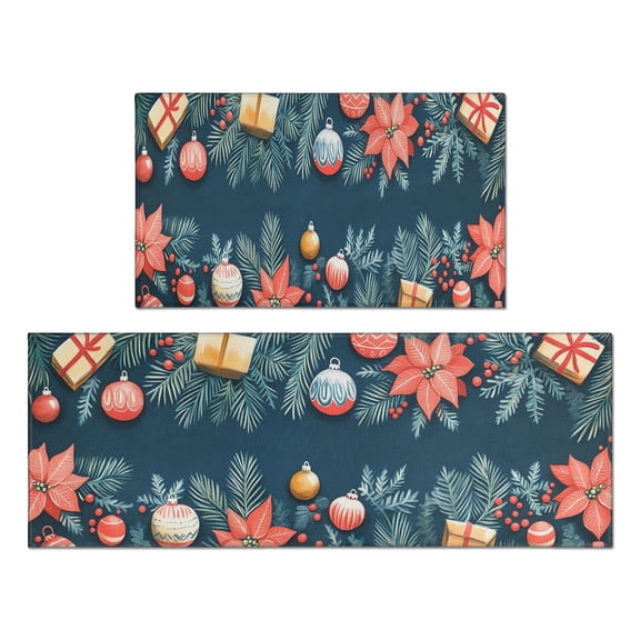 2 Pcs Merry Christmas Kitchen Rugs and Mats Set of 2 Pine Christmas Tree Kitchen Mats for Floor Absobent Rugs for Kitchen Floorfor Bath Cooking (47x17+30x17 inches)