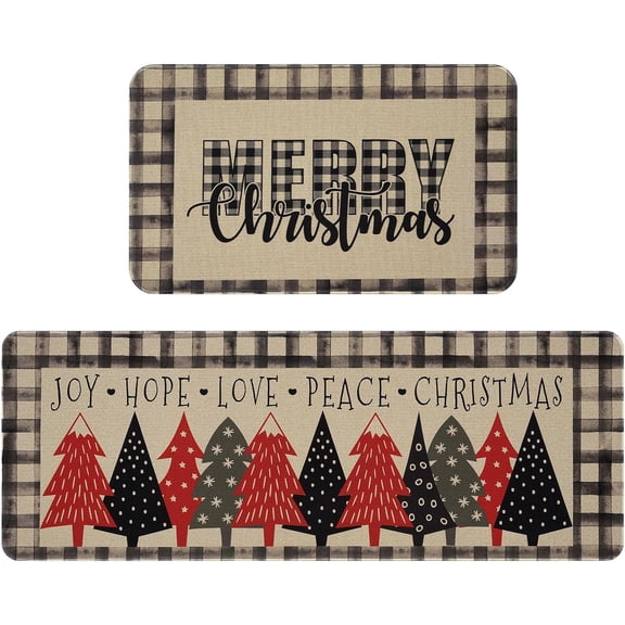 2 Pcs Merry Christmas Kitchen Rugs and Mats Set, Buffalo Plaid Vintage Kitchen Mats for Floor 2 Piece, Winter Xmas Tree Non Slip Kitchen Rugs with Rubber Backing, 18'''' x 48'''' + 18'''' x 30''''