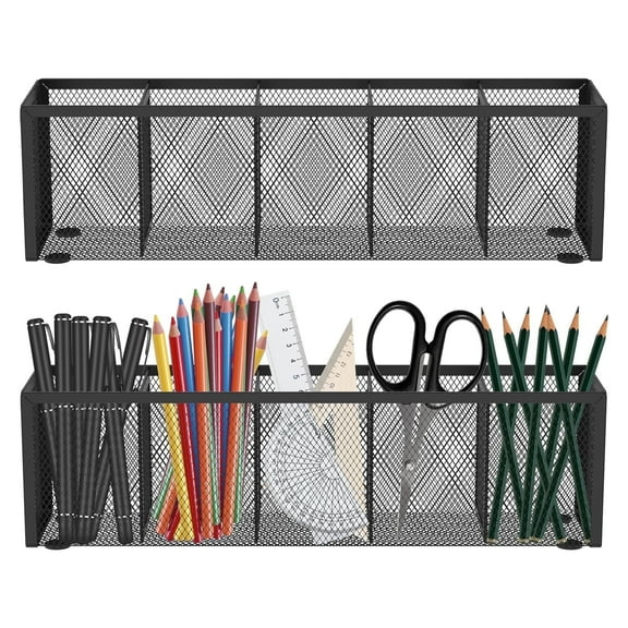 2 Pcs Mesh Pen Pencil Holder with 5 Compartments, Metal Desk Organizer Desktop Office Supplies Acessories Storage Stand Brush Holder for Home Classroom