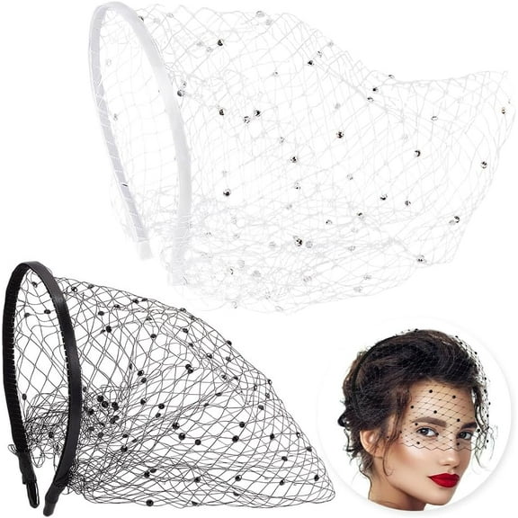 2 Pcs Mesh Veil Headband 1920s Flapper Fascinator Black and White Veil Hair Hoop Tea Party Bridal Wedding Veil Birdcage Veil Headband for Bridal Wedding Mardi Gras Cocktail Colorful