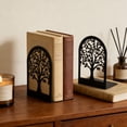 thumbnail image 1 of 2 Pcs Metal Bookends with Tree Pattern, L-Shaped Heavy-Duty Book Stoppers, Black Non-Slip Book Holders for Home Office Library Shelves, 1 of 6