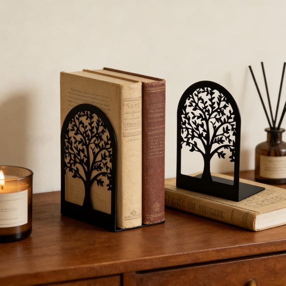 2 Pcs Metal Bookends with Tree Pattern, L-Shaped Heavy-Duty Book Stoppers, Black Non-Slip Book Holders for Home Office Library Shelves