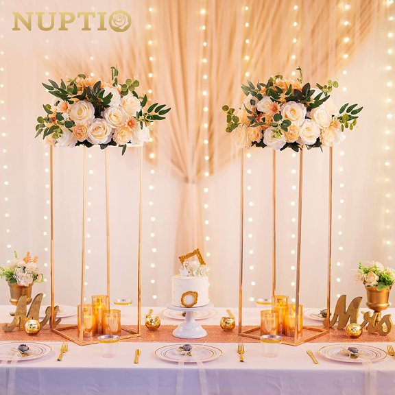 2 Pcs Metal Flower Floor Vase Column Geometric Centerpieces for Home Wedding Party Decorations, 31.5 Inch Tall Gold Rectangular Display Rack