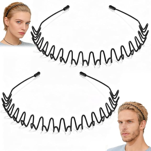 2 Pcs Metal Hair Band, Fashion Wavy Spring Metal Headband for Men & Women, Elastic Non Slip Metals Hairband for Daily Use Outdoor Sports Hair Hoop Hairs Accessories