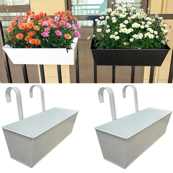 2 Pcs Metal Hanging Flower Pots for Railing Fence Flower Planter Bucket Hooks Hanging Bucket Pots Window Plant Holder with Detachable Hooks for Outdoor Balcony Patio and Garden,16 inch,White