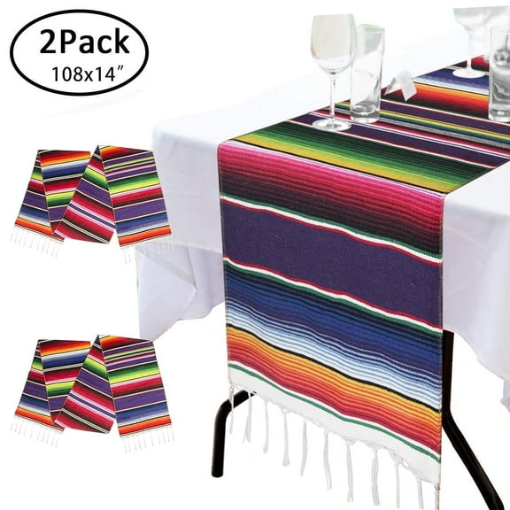2 Pcs Mexican Table Runner 14 x 108 Inch Mexican Serape Table Runner Mexican Decor Blanket Fringe Cotton Table Runner Decoration for Cinco De Mayo