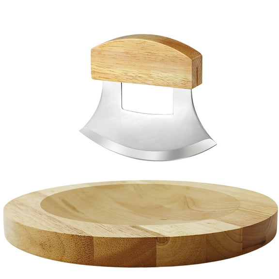 2 Pcs Mezzaluna Ulu Knife and Cutting Board Set Rocker Chopper Slicer Cutter Cutting Board Mezzaluna Chopper Alaskan Ulu Knife Kit for Onion Vegetable Mincing Tool(Wood)