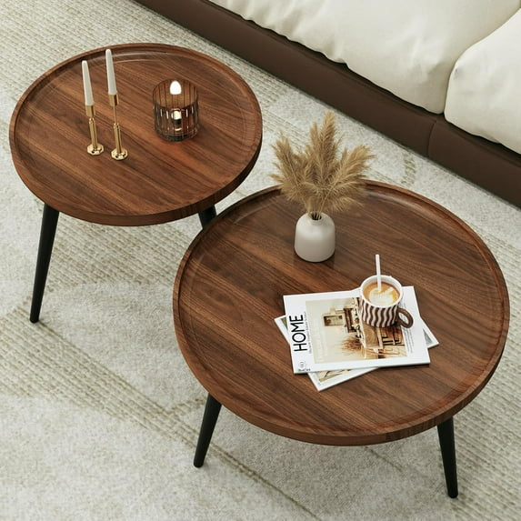 2 Pcs Mid Century Modern Round Coffee Tables for Living Room,Easy Assembly Nesting Coffee Tables,Natural Wood Color Minimalist Circle Coffee Tables for Bedroom Office Balcony Yard