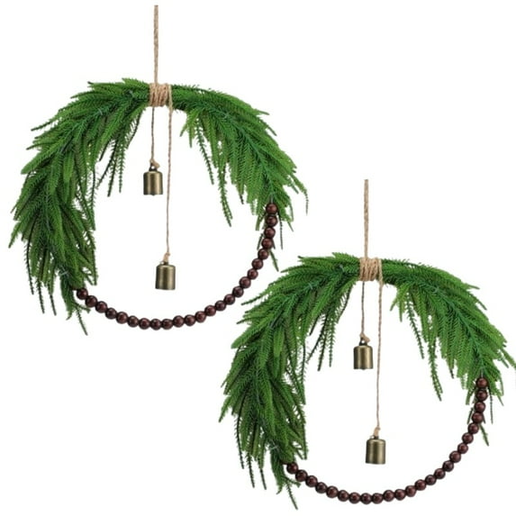 2 Pcs Mini Christmas Wreath 8.6 Inch Small Norfolk Wreaths for Kitchen Cabinets Vintage Mini Wreath with Wood Bead Bell Rustic for Xmas Front Door Window Chair Fireplace Farmhouse Decor
