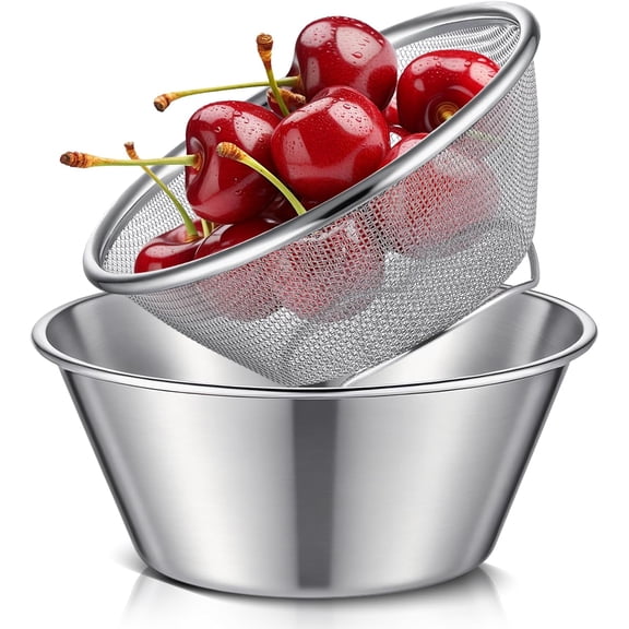 2 Pcs Mini Colander & Food Strainer 304 Stainless Steel Small Mixing Colanders Bowl Rice Strainer for Kitchen Cooking Fruit Washing Vegetable(5.51 x 2.36 Inches,Silvery)