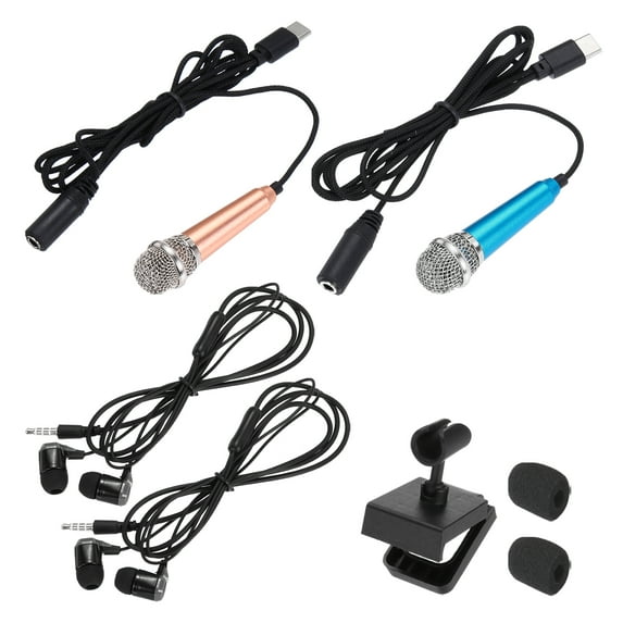 2 Pcs Mini Microphone, Mini Mic Tiny Microphone Phone Type C Mic Small Microphone with Bracket, Sponge Cover, Earphones for Record Phone Voice, Gold/Blue